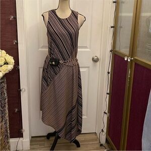 Donna Karan Elegant Black and Tan Striped Dress, S
